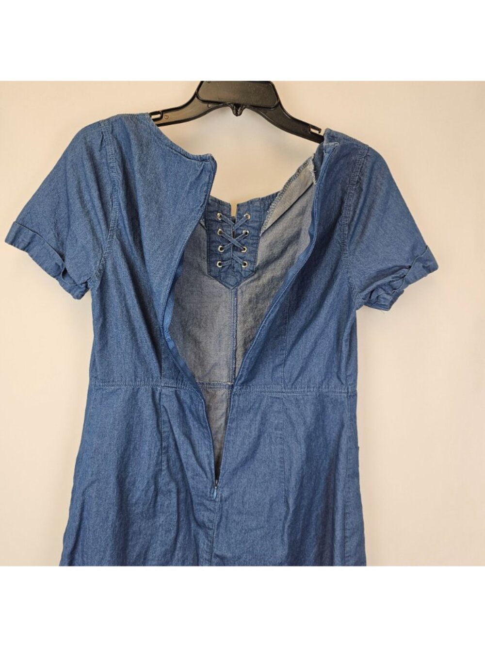 Eclipse S Denim Mini Dress 100% Cotton Blue Shift Pockets Indie Western Y2k - Picture 11 of 15